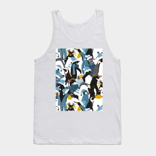 Merry penguins // pattern // black white grey dark teal yellow and coral type species of penguins blue dressed for winter and Christmas season (King, African, Emperor, Gentoo, Galápagos, Macaroni, Adèlie, Rockhopper, Yellow-eyed, Chinstrap) Tank Top